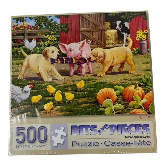 NEW Bits & Pieces Tug Of War 500 Piece Puzzle Puppies Pigs Cow Chicken Farm - Picture 1 of 8
